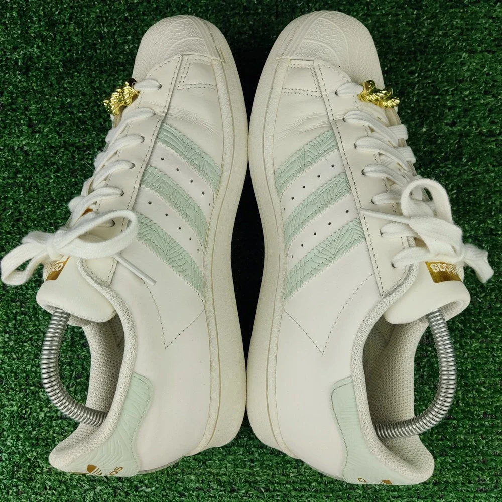 Adidas Sneakers Womens 9.5 White‎ Superstar HQ6963 Mint Green Gold Lace Jewels